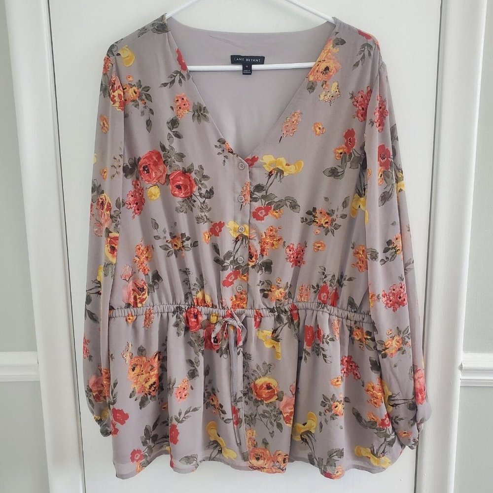 Lane Bryant Size 18 Gray Floral Long Sleeve Drawstring Waist Blouse Button Front